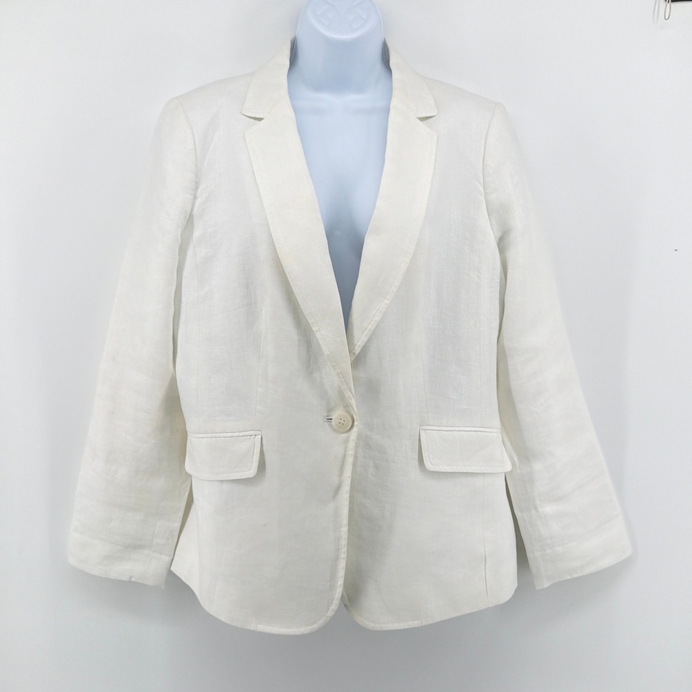 Talbots White Linen Blazer 12 Single Button Lined Jacket Career Coastal Grandma
